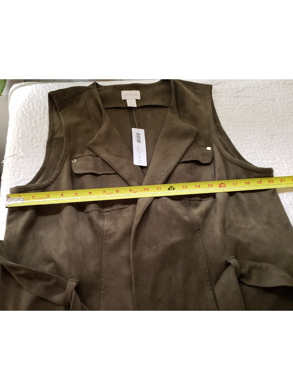 Chicos Vest Size 2 US 12 (L) Belted Olive Green Faux Suede Long Open Topper - Picture 5 of 6